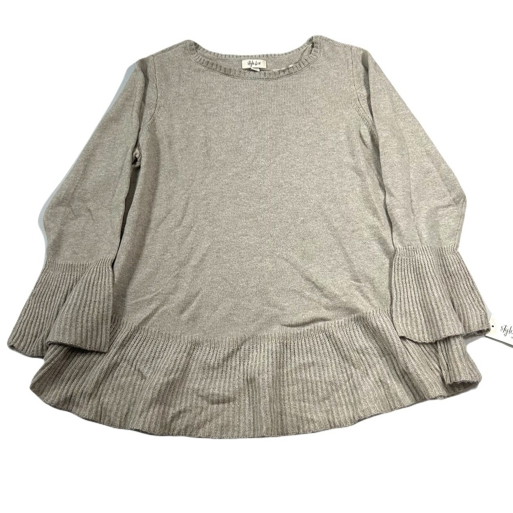 Style &‎ Co. Pullover Sweater Womens 1X Plus Ribbed Trim Ruffled Tan Heather NEW